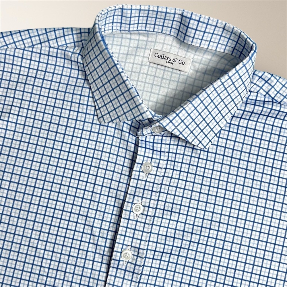 Collars & Co L Blue Check Dress Collar Polo Shirt Stretch‎ Short Sleeve Golf